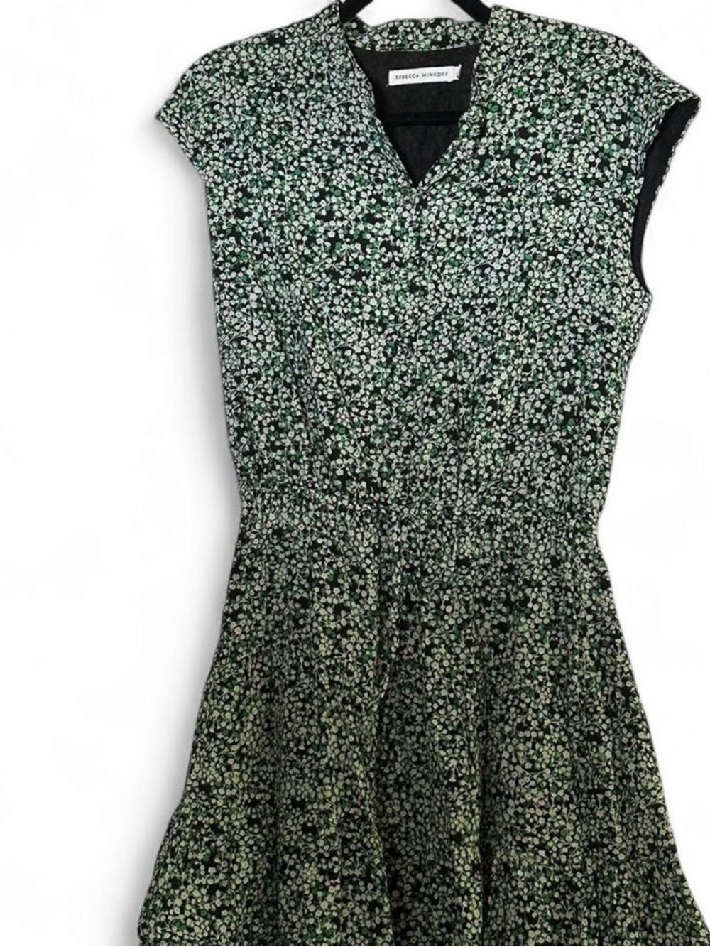 Rebecca Minkoff Black and Green Mini Floral Ollie V-Neck Dress Size Small EUC